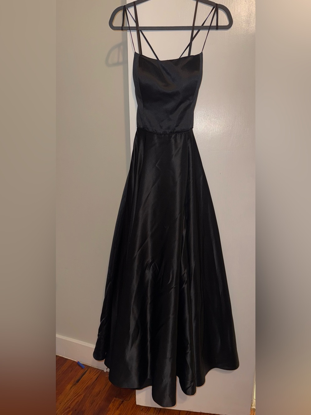 Dave & Johnny Black Satin Formal Dress with Lace-Up Back, Excellent Condition